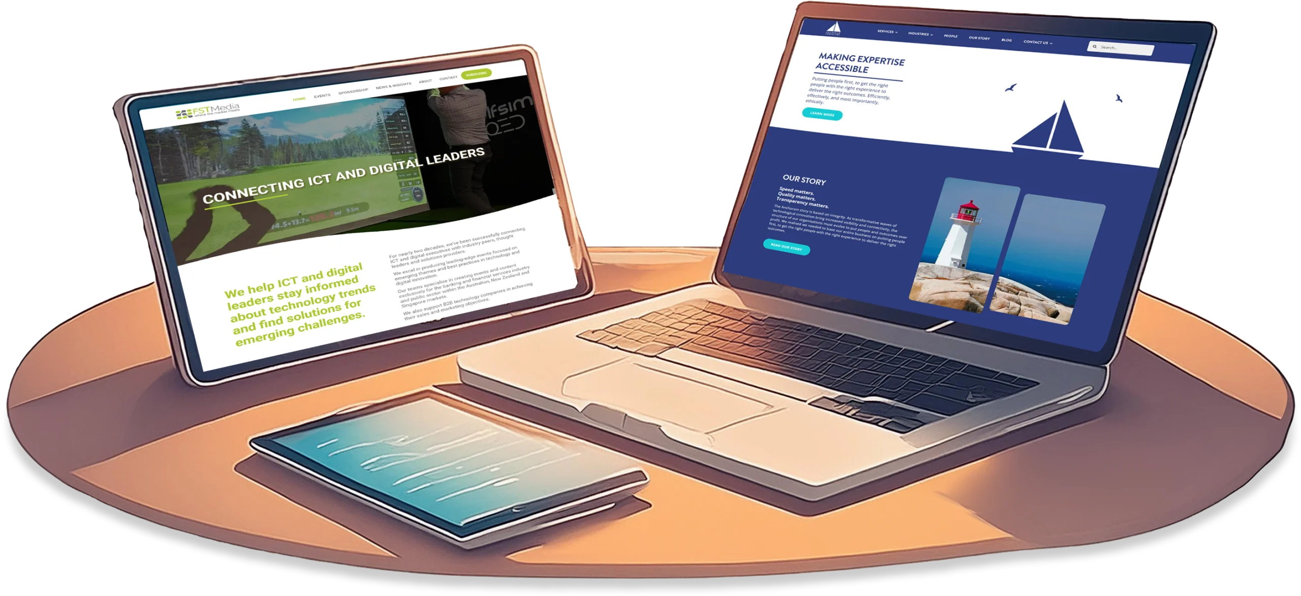 Illustration of FST Media website on a tablet, and Anchoram Consulting website on a laptop