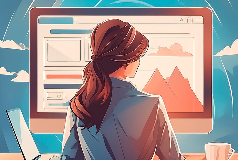 Illustration of a woman working on a wordpress website at her desk