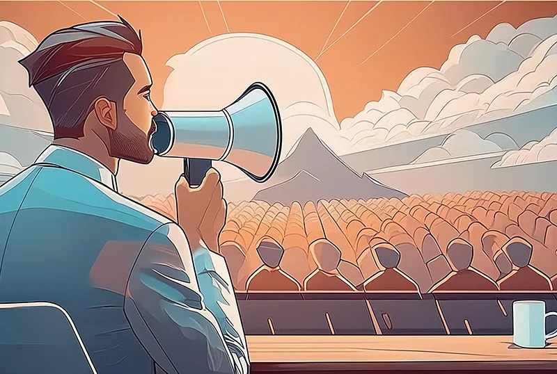 Illustration of a man on a megaphone speaking to an audience about website presence